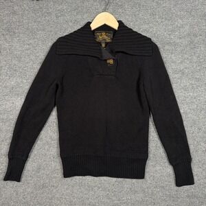 LRL Lauren Jeans Co Small Sweater Black Wide Rib Collar Minimalist Gold Button